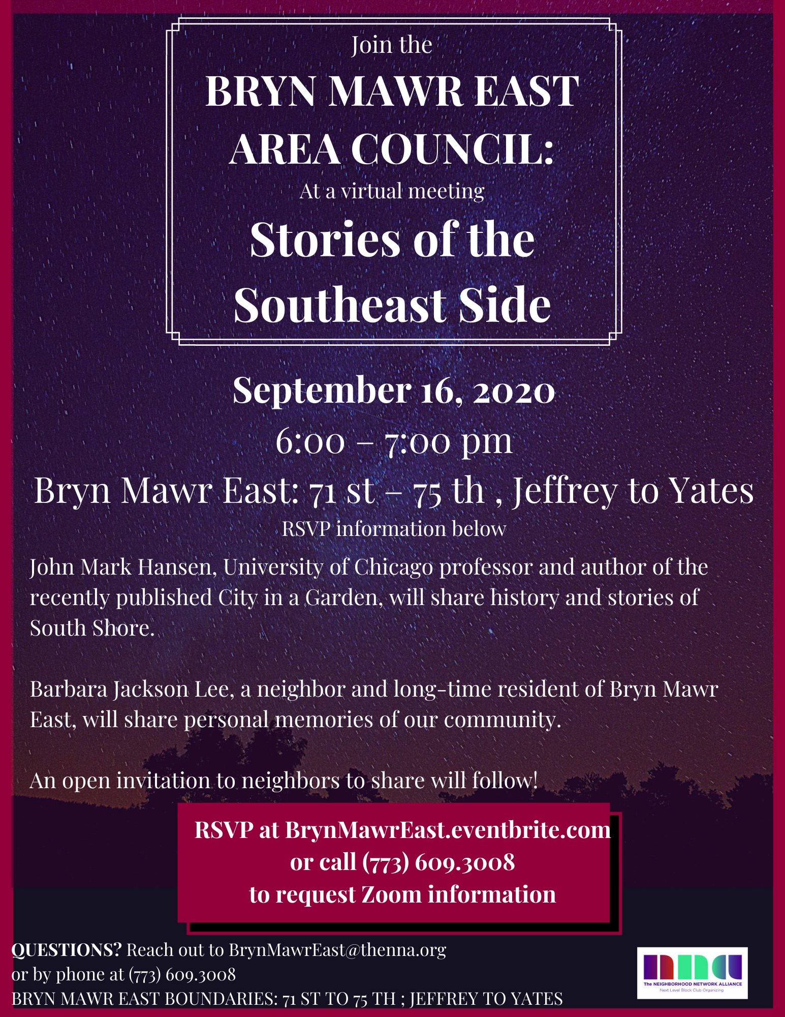 Info Shared by April S. Williams-Luster, Bryn Mawr East Boundaries: 71st - 75th; Jeffrey to Yates Wednesday, September 16, 2020 6:00 - 7:00 pm